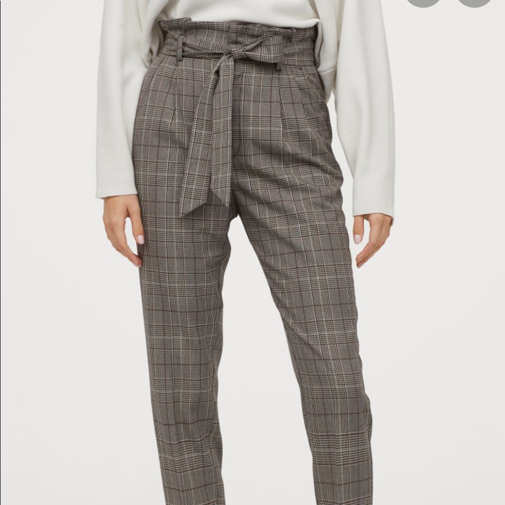 NEW H&M High-Rise Straight Paperbag Pants with Bow Belt Brown Gray White Classic